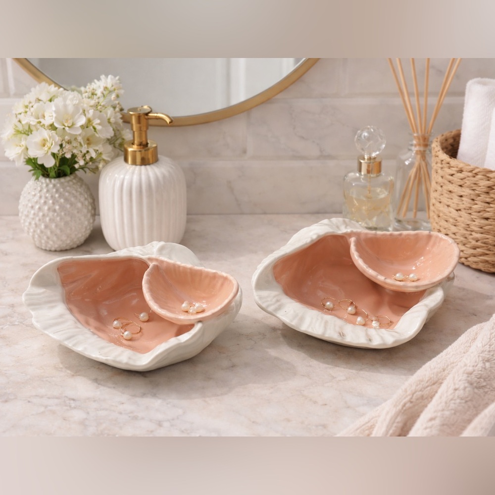 Vintage Atlantic Molds Sea Shell Vanity Dishes Blush & Ivory Soap Ring Dish Set